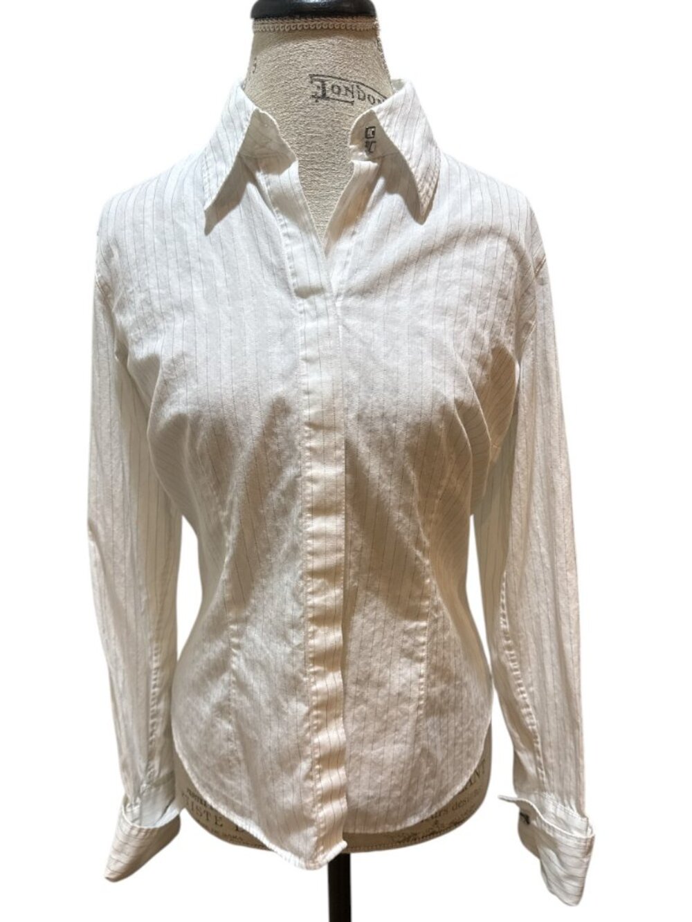 Talbots Sz 8 Ivory & Silver Stripe Emerald-Cut Button French Cuff Blouse
